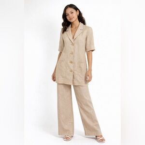 Falda Collection Beige Linen Short Sleeve Blazer Button Front Size 44